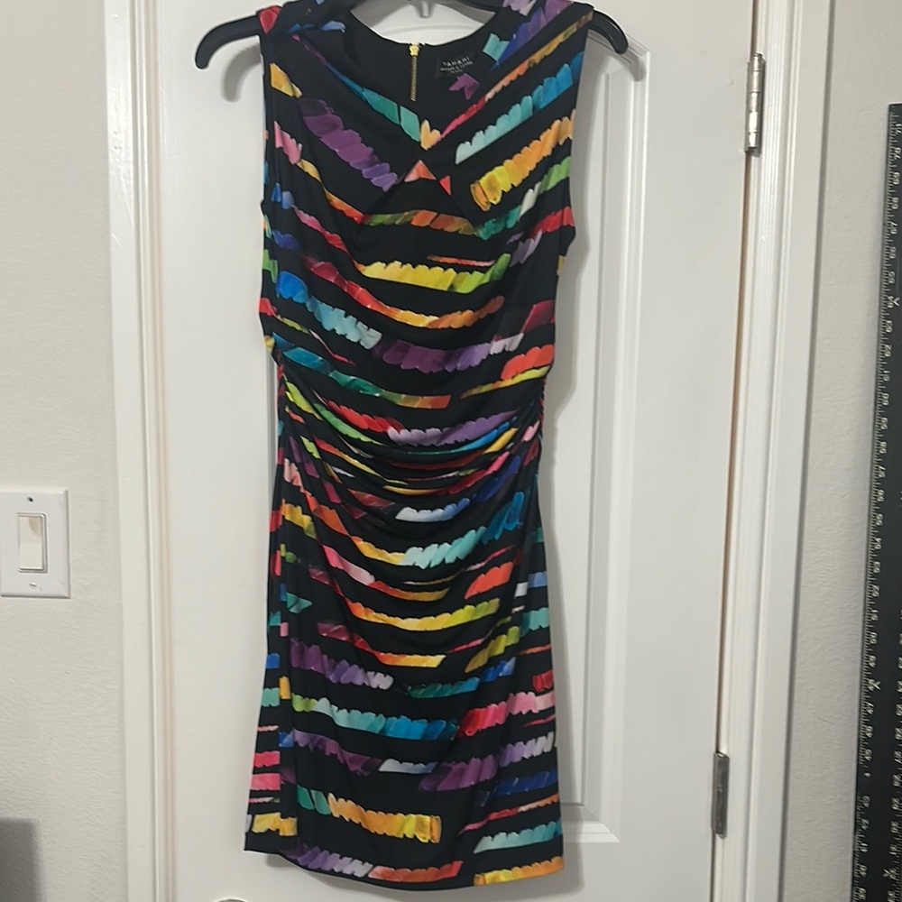 Tahari Blue and Yellow Ruched Sheath Mini Dress